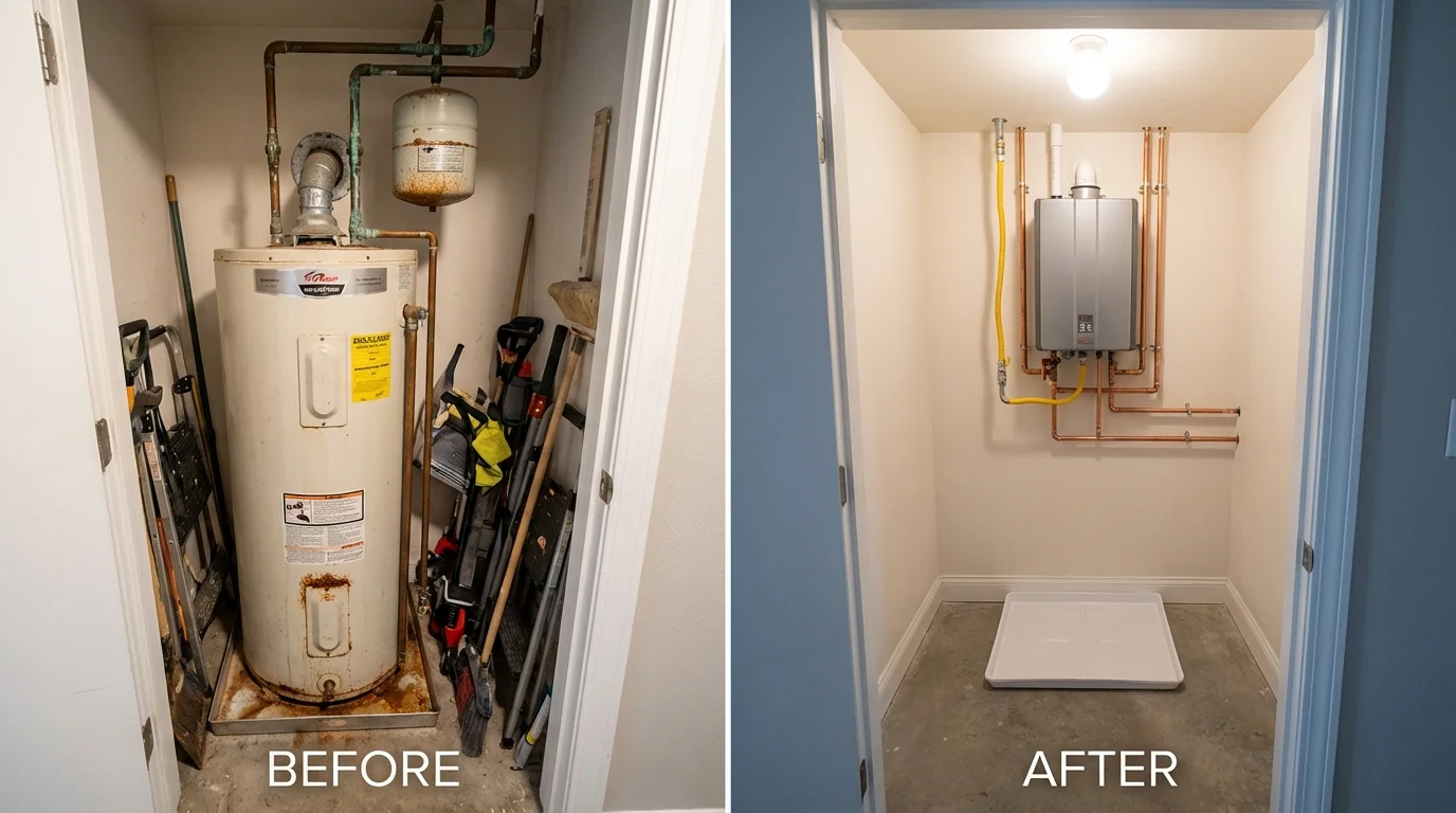 Tank water heater versus wall-mounted tankless unit comparison for Bushland, TX homeowners