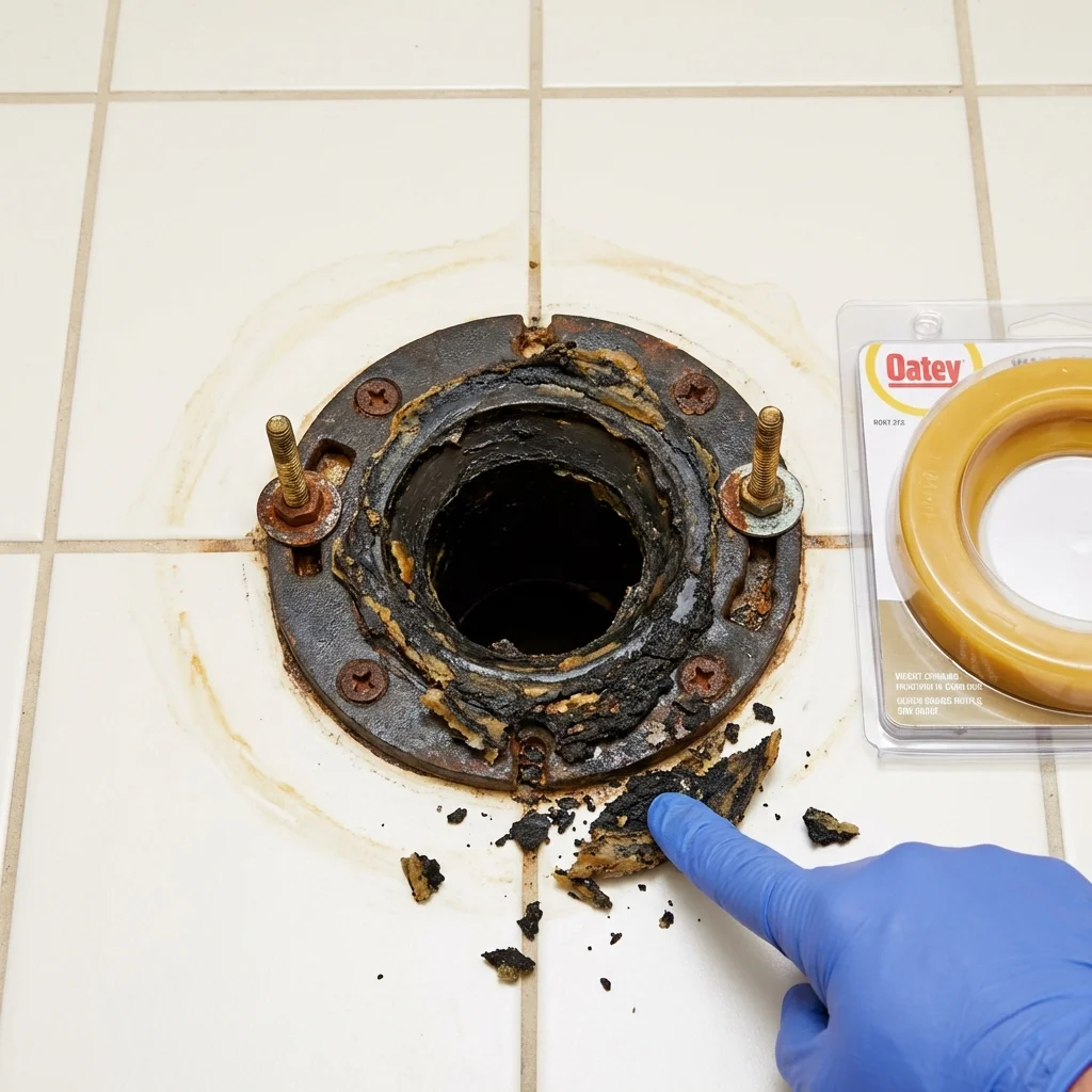 Failed wax ring showing water seepage at the base of a toilet in a Bushland, TX home