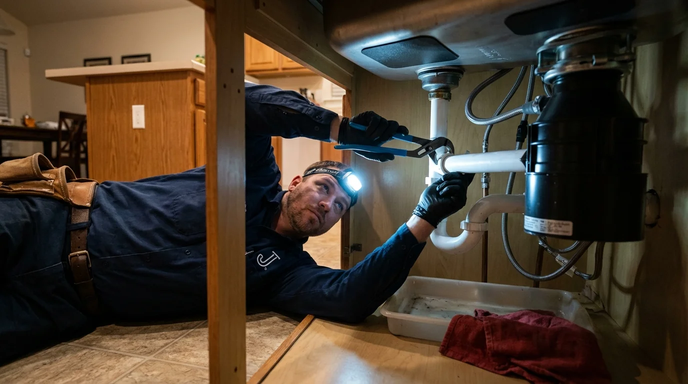 P-trap and supply line connections under a kitchen sink showing a common leak point in Bushland, TX